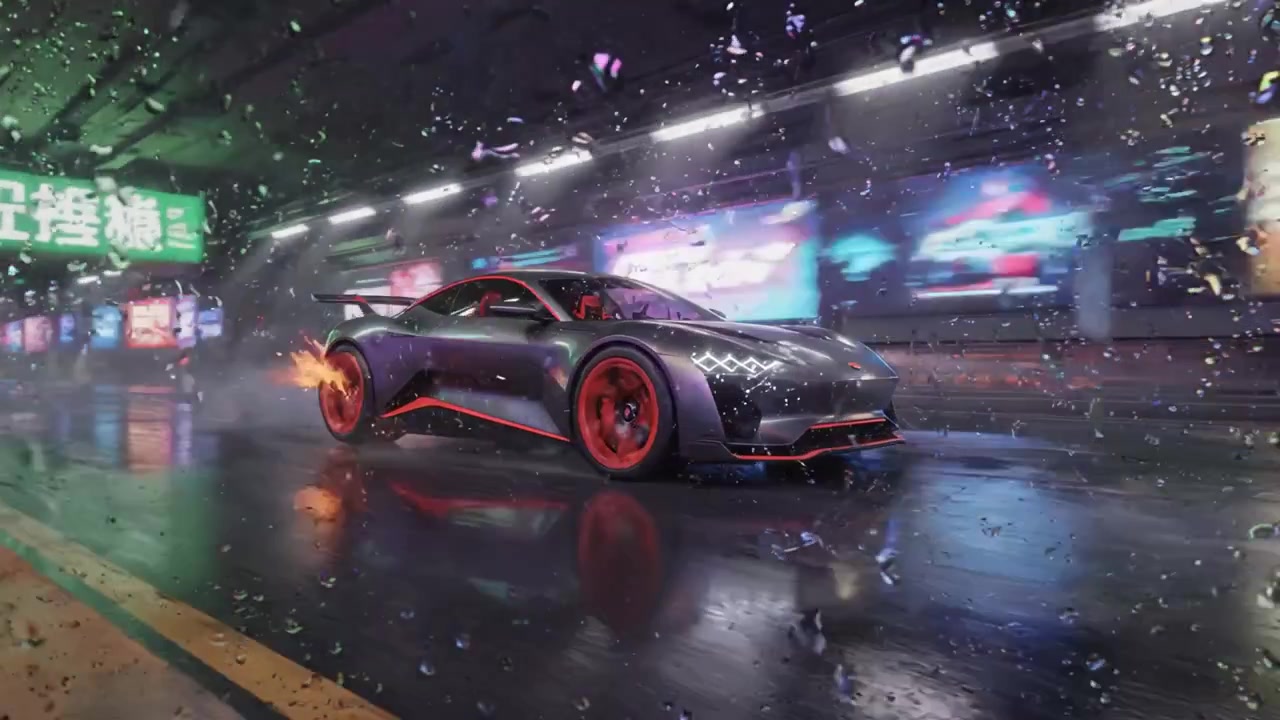 Futuristisk højtydende bil ræser gennem neonoplyste bygader i et regnfuldt nattelandskab med refleksioner og levende billboards, der skaber dynamisk energi