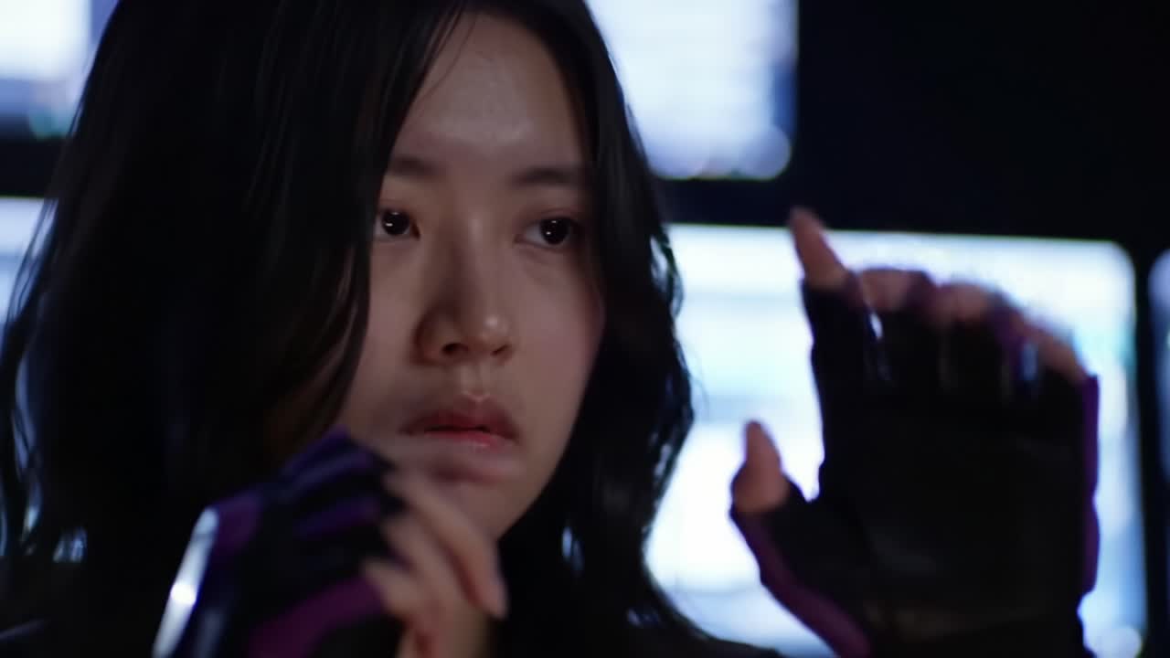 A Focused Young Woman Prepares for Action with Intense Determination, Displaying Skill and Precision in a High-Tech Environment Filled with Screens