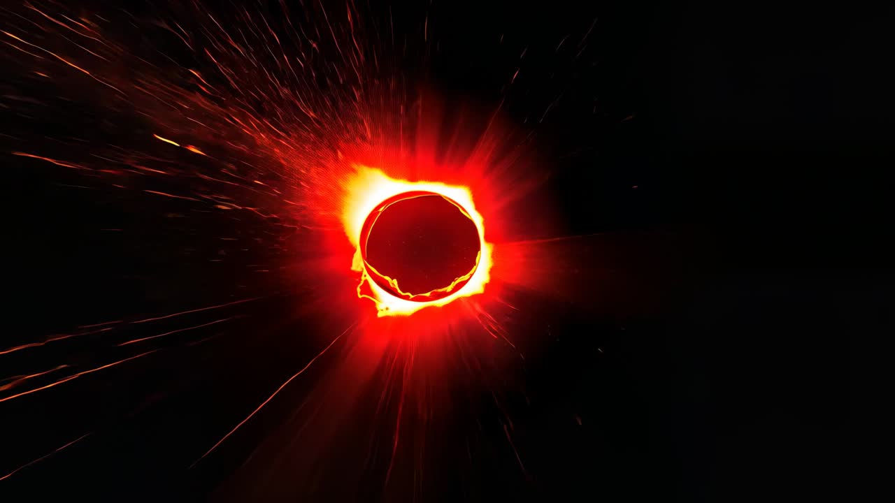 Red circle appearing in void, growing into fiery ring with radial sparks signaling energy release
