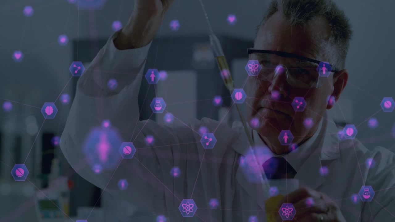 Scientist working in laboratory with digital data processing animation overlay
