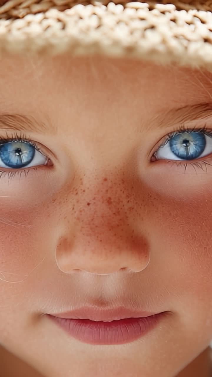 Ritratto ravvicinato di un bambino piccolo con occhi azzurri penetranti e lentiggini, che cattura l'innocenza e la meraviglia della giovinezza in luce naturale.