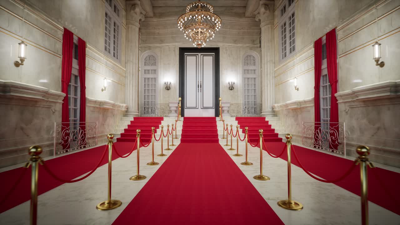 Velkolepý vstup po červeném koberci v luxusní hale