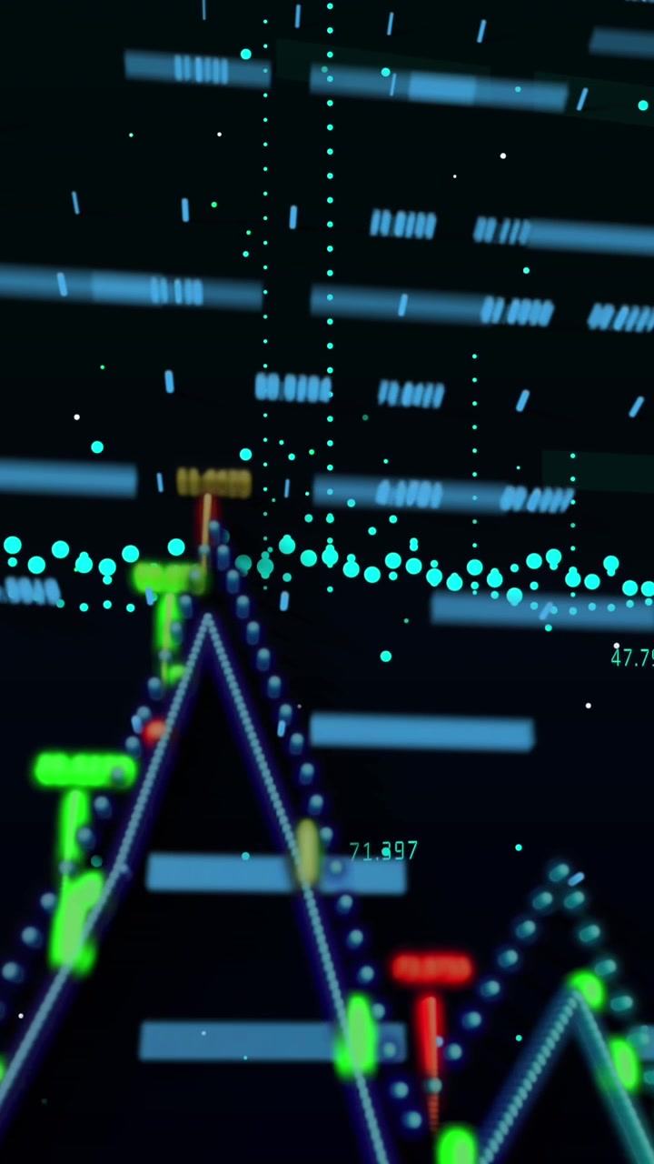 Animation of statistical and financial data processing against black background