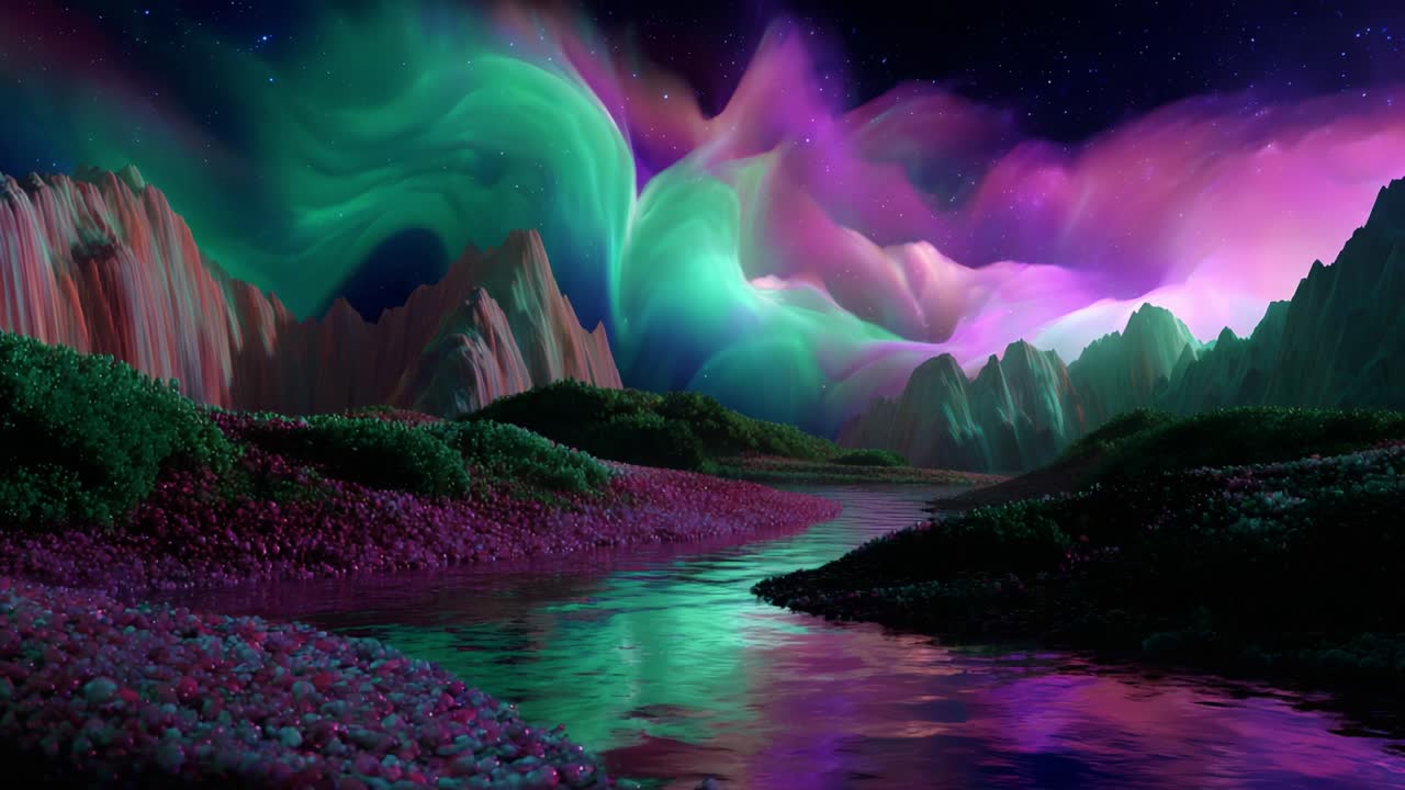 A breathtaking cosmic landscape featuring vibrant auroras illuminating the night sky, cascading over surreal mountains, and reflecting beautifully on a calm river surrounded by colorful flora