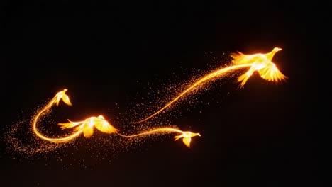 a stunning display of ethereal phoenix-like birds flying through the night sky, leaving trails of sparkling light and creating a magical atmosphere of wonder and beauty
