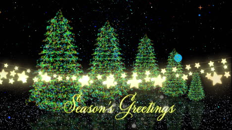 animation of christmas greetings text over christmas trees and fairy lights