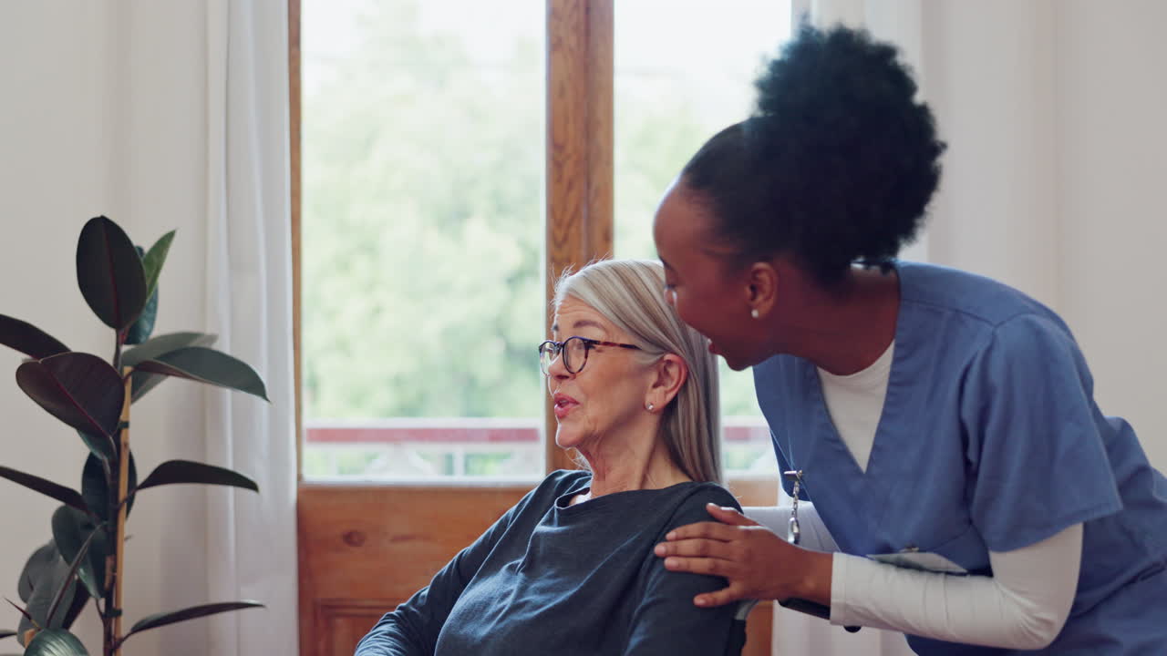 Elderly woman, caregiver and brush hair with smile