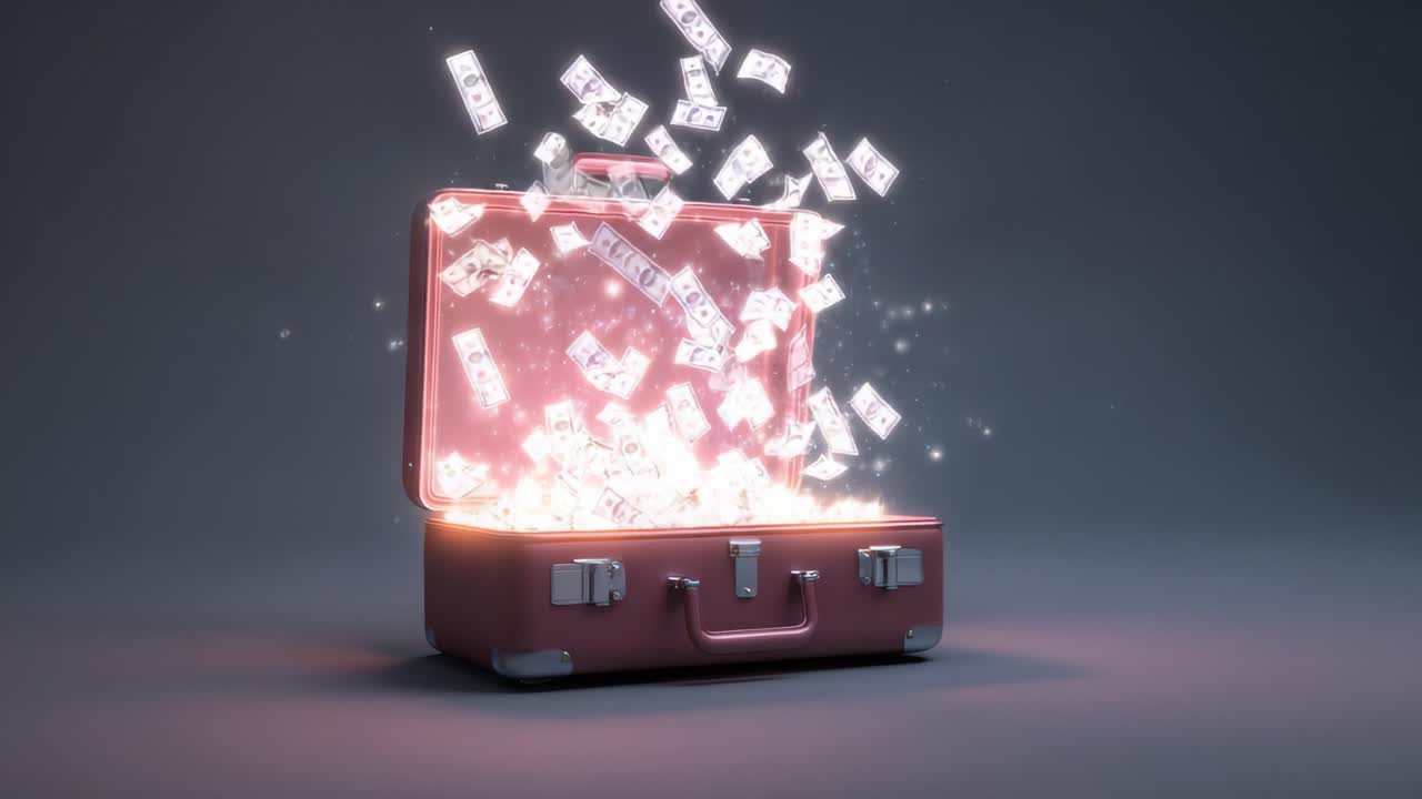 A stunning visual of a suitcase magically overflowing with flying dollar bills, illustrating the theme of wealth, prosperity, and the allure of financial dreams in a captivating way