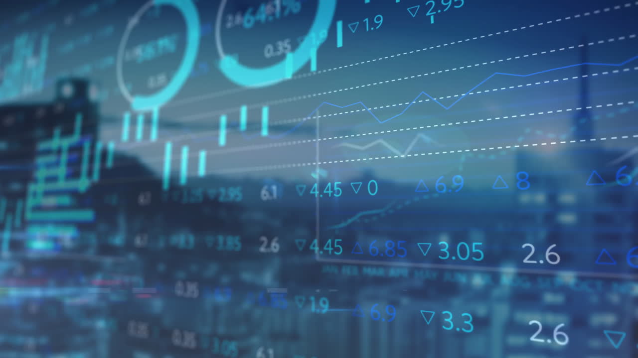 Animation of financial data processing over cityscape