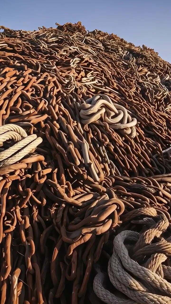 Vertical video: Moving camera tilting upward while revealing dock pile with more coils and rust