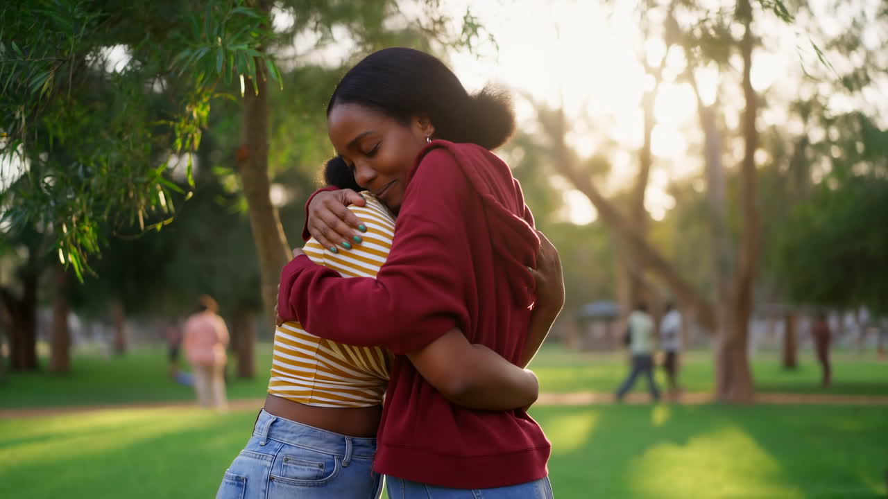 Two Young Black Women Hugging in a Sunny Park