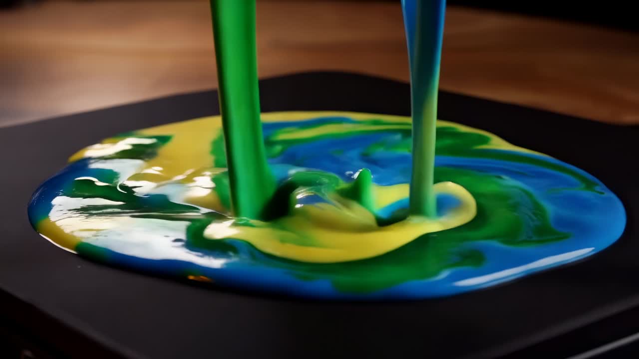 Versare da beccucci stretti liquidi blu e gialli su un vassoio nero, creando delle marmorizzazioni verdi