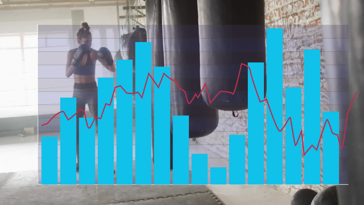 Una donna che fa boxe in palestra, con un'animazione sovrapposta di un grafico delle metriche di prestazione.
