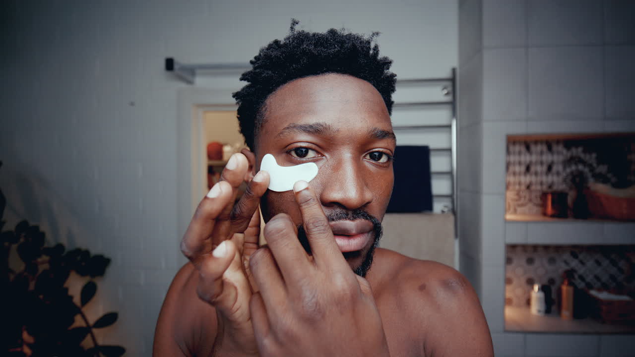 African American Man Applying Under-Eye Patches and Looking into Camera