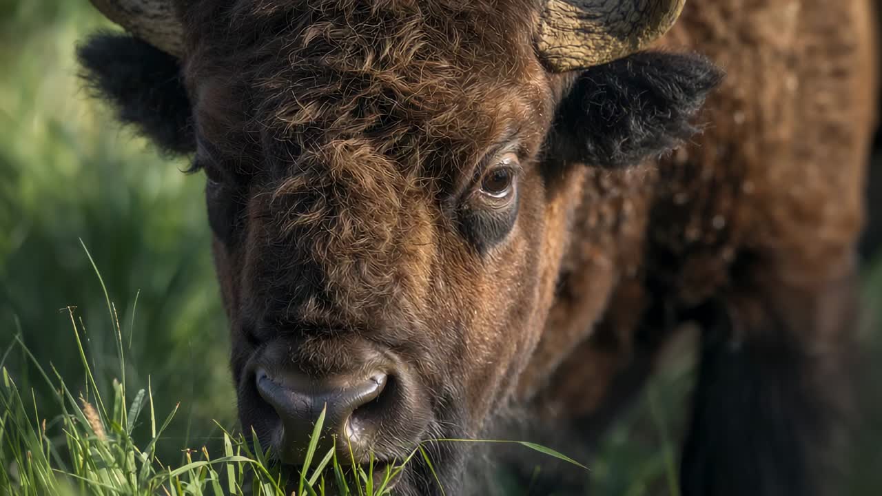 Spotting clump of grass, bison lowering and grazing in meadow for food with wet muzzle