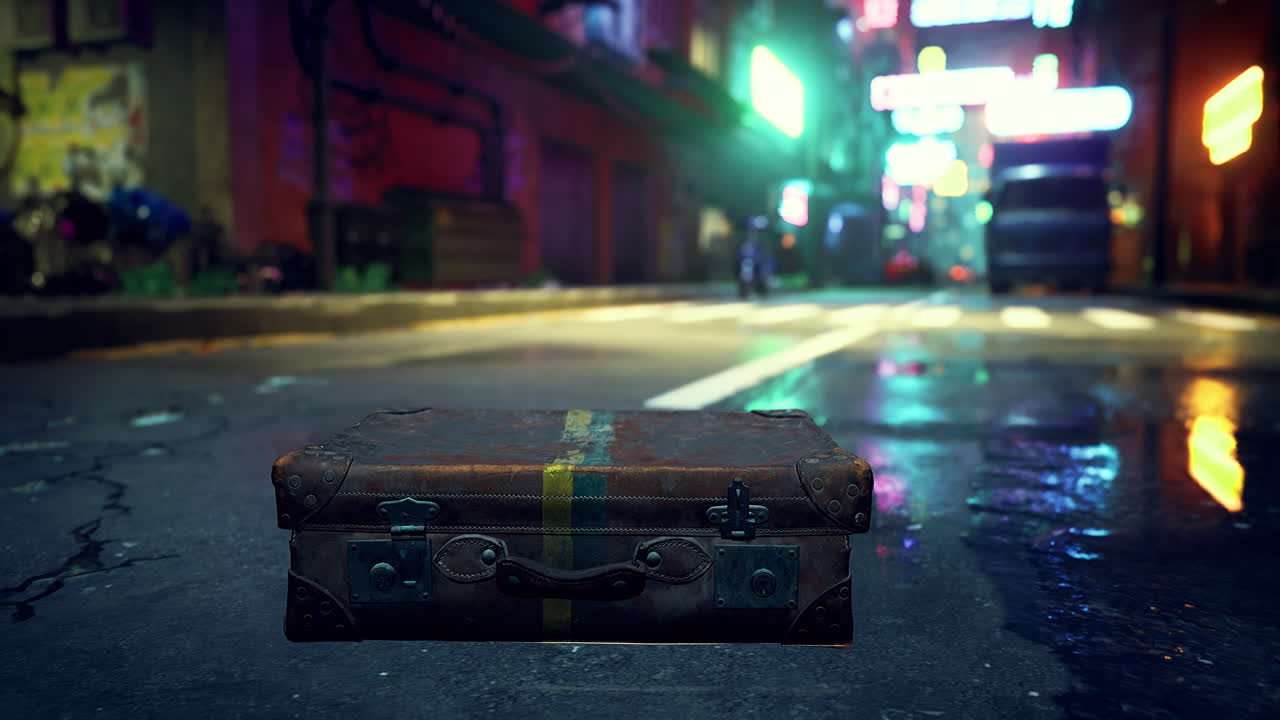 Mysterious suitcase left on a rain soaked street in a vibrant cityscape