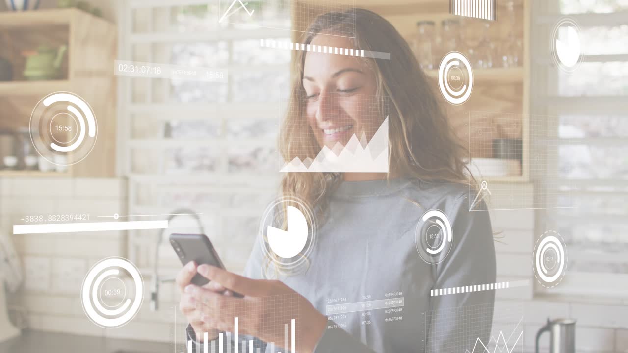 Casual user tapping smartphone in kitchen and activating animated line graph tracking tech metrics