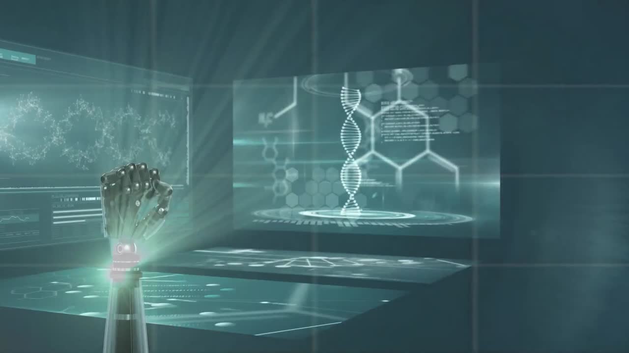 animación de mano robótica sobre el punto de luz y pantallas con procesamiento de datos médicos