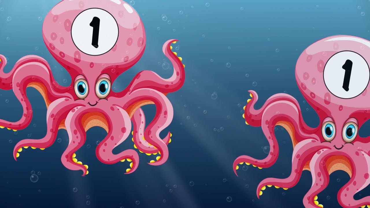 Polpi rosa a cartone animato con marcature del numero uno galleggiano in una scena oceanica subacquea blu
