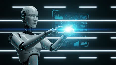 a sophisticated robot interacting with a digital interface, highlighting advanced technology and automation in a futuristic environment