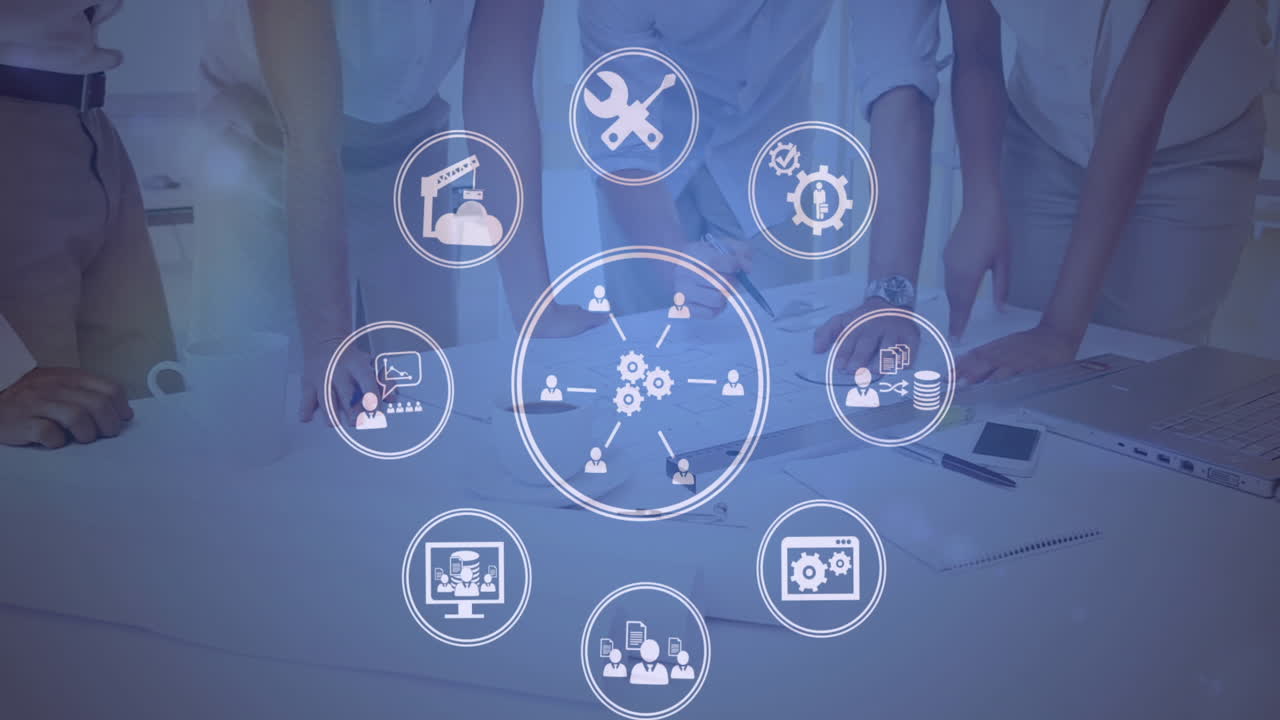 아이콘과 데이터 처리에 대한 연결의 애니메이션 다양한 비즈니스 사람들