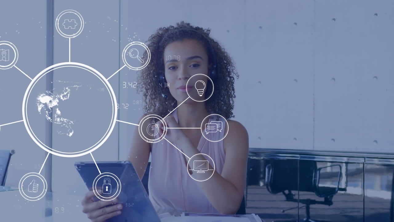 iconos digitales que forman una red contra la mujer usando tableta digital