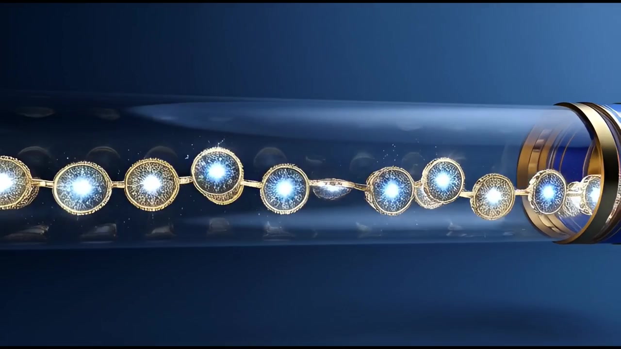 Animazione astratta di particelle dorate luminose che si muovono in un tubo trasparente