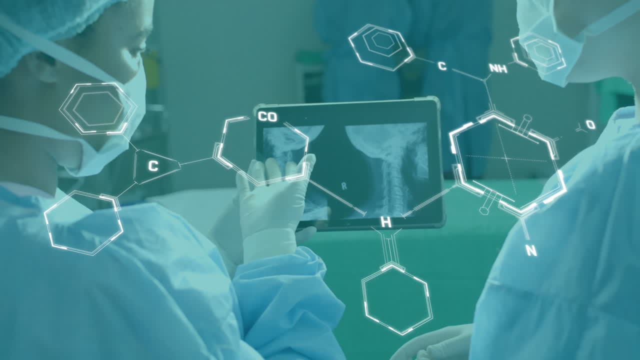 Animation of chemical formula over diverse surgeons in operating theatre