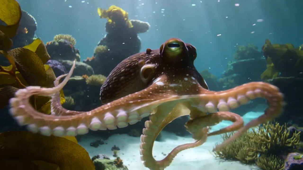 Polpo marrone che percepisce fasci di luce, si estende e scivola attraverso le fronde di alghe, esplorando il suo habitat.