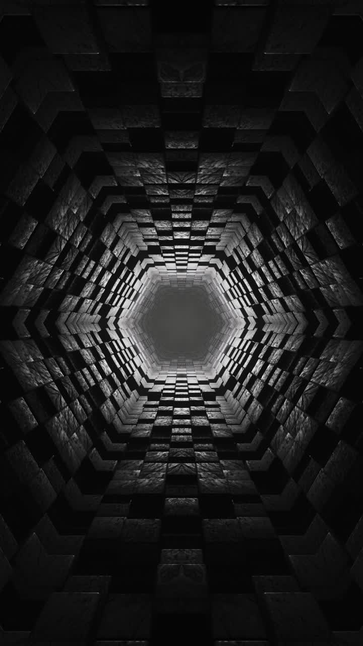 Dark Tunnel Kaleidoscope with Radiant Light. Looped Animation Vertical