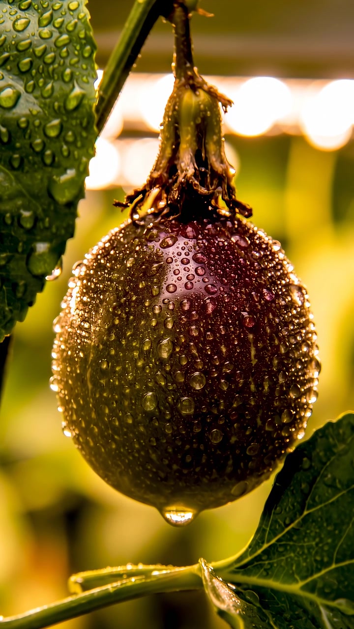 L'inquadratura ravvicinata si stringe su un frutto viola scuro ricoperto di umidità, rivelando goccioline lucide sulla buccia ruvida, fogliame circostante bagnato e luci dorate soffuse sfocate sullo sfondo