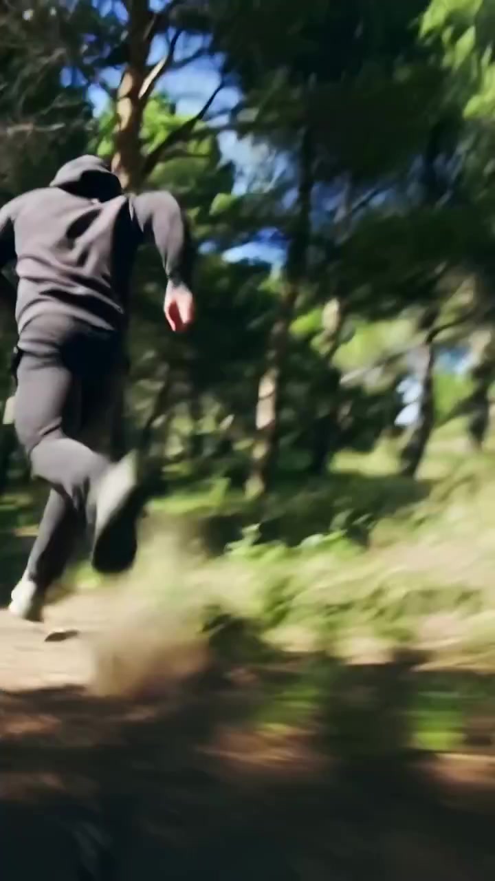 Vertical video: Camera starting to follow hooded runner sprinting uphill pine trail, with red glove