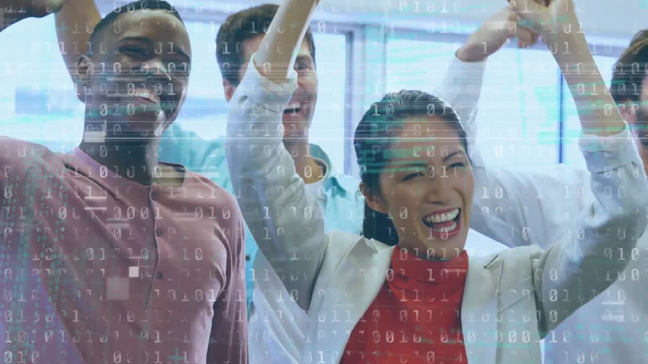 사무실에서 함께 축하하는 다양한 사무실 동료들에 대한 바이너리 코딩과 데이터 처리