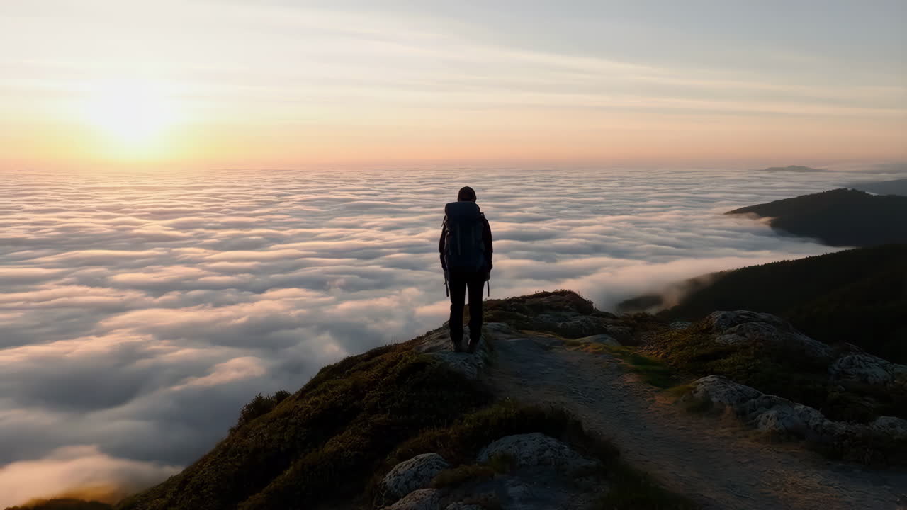 Hiker stands on a mountain peak watching the sunrise over a sea of clouds