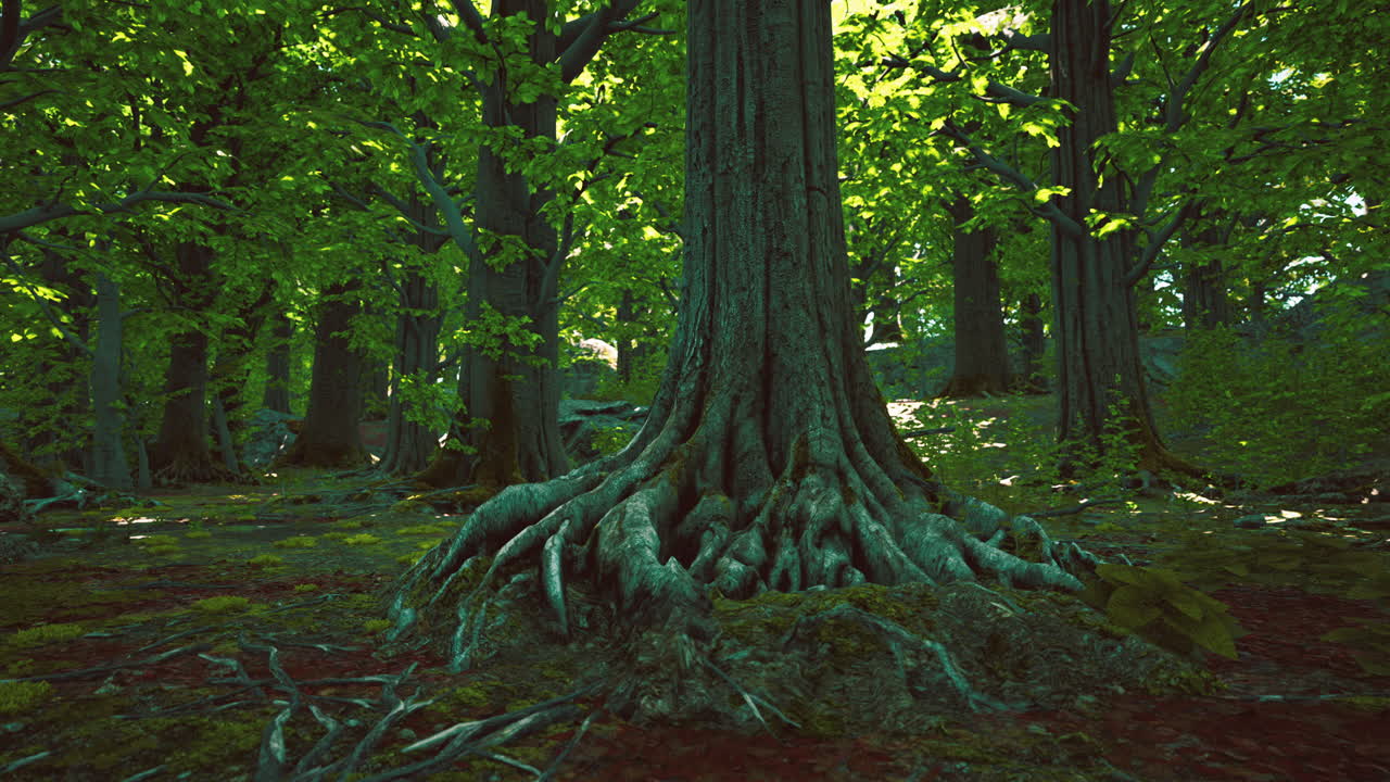 Peaceful magical mossy forest scene