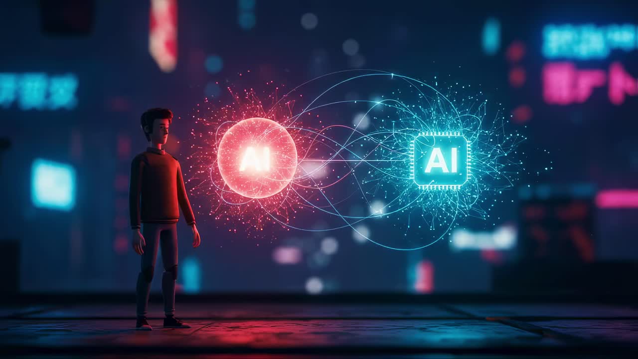 Exploring the future of artificial intelligence in a neon city setting with a character contemplating technology