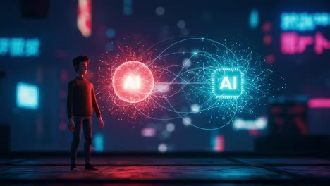 exploring the future of artificial intelligence in a neon city setting with a character contemplating technology