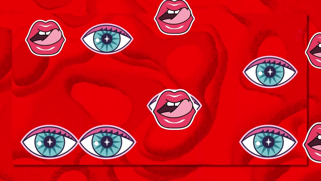 Animation of open mouths and eyes over red background changing into yellow