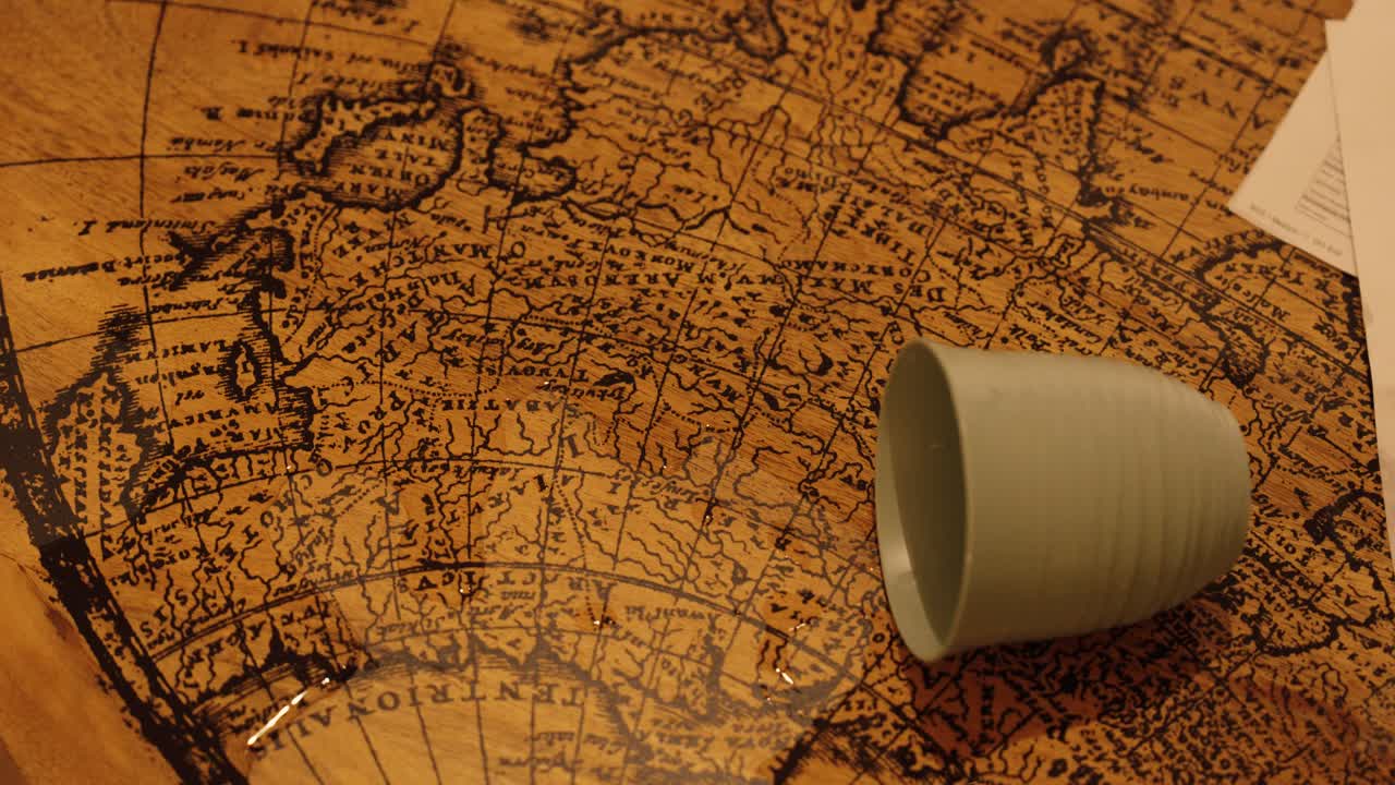 A close-up shot of a glass tipped over on a wooden table with water spreading across the surface, creating natural reflections and texture details