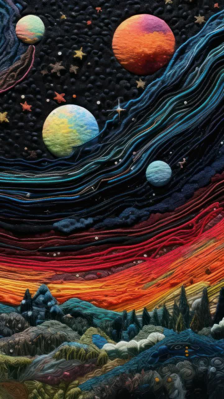 A surreal video concept with a cosmic landscape, planets, and swirling colors
