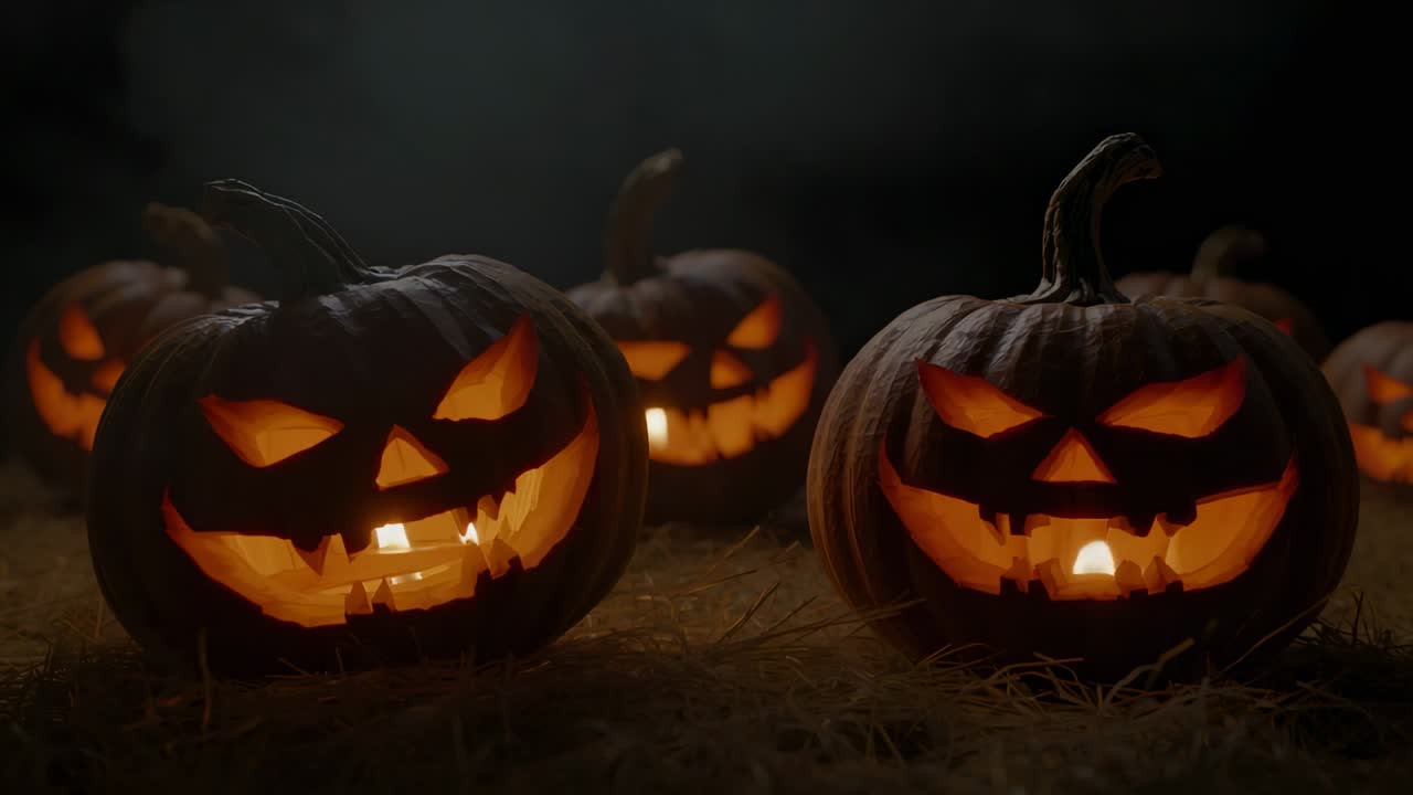 Flickering carved pumpkins glowing orange on hay at night, smoke rising and curling around stems
