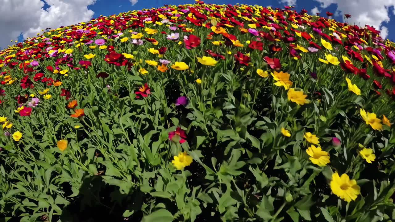 Flores vibrantes y coloridas floreciendo en un campo bajo un cielo azul.