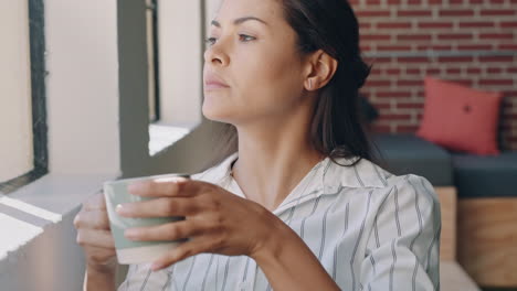 phone, woman and thinking with coffee in office