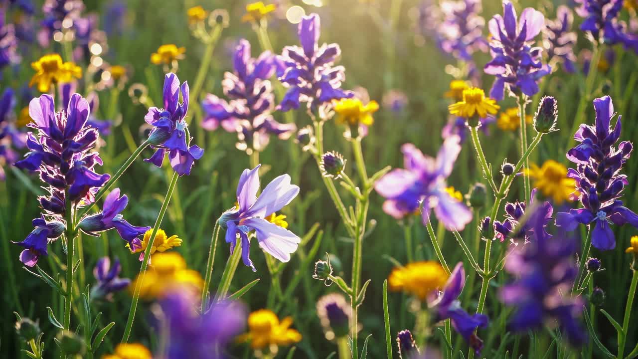 A vibrant close-up video of wildflowers in a sunlit meadow, captured from a low angle