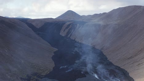 volcanic gases rises from black basalt lava field in iceland valley