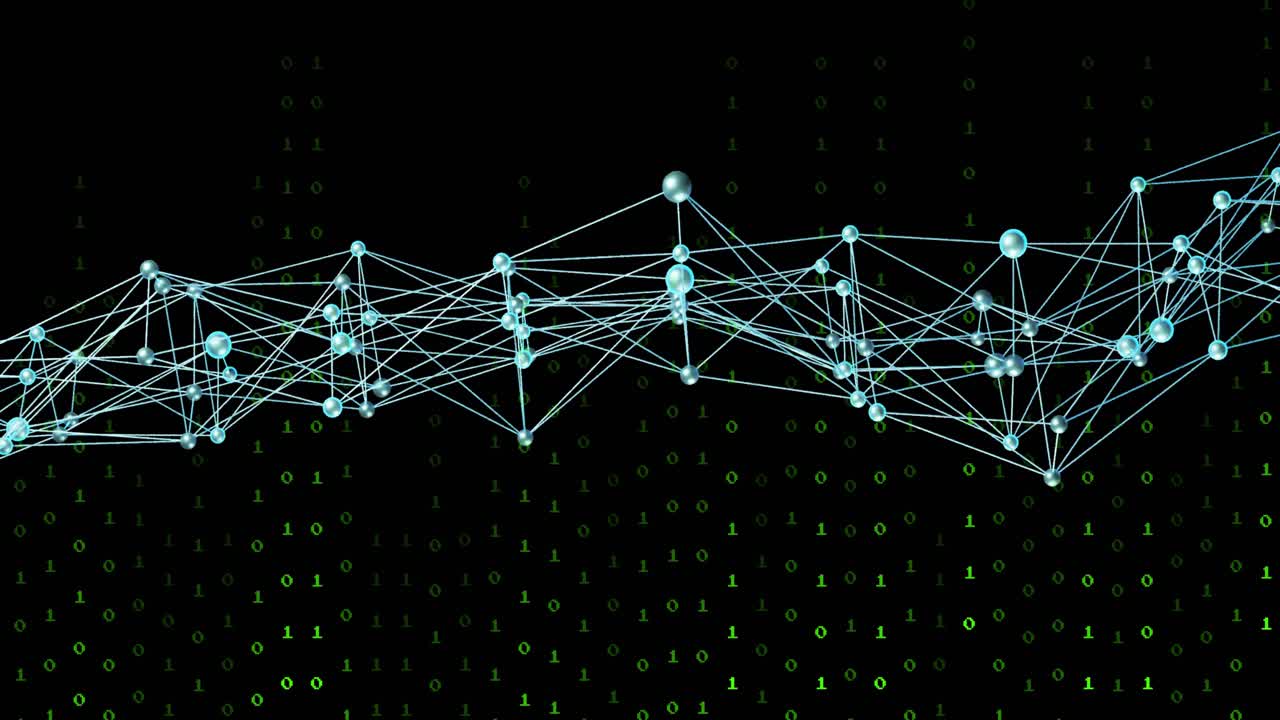 Cyan node network spreading, waving after pulse from falling binary stream, showing data flow