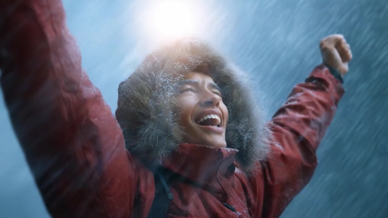 A triumphant moment captured in a blizzard, showcasing a person celebrating joyfully amidst swirling snow in a vibrant red jacket with raised arms.