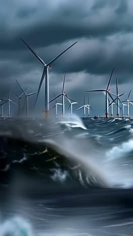 a large group of wind turbines are in the ocean, with the water choppy, wind farm.