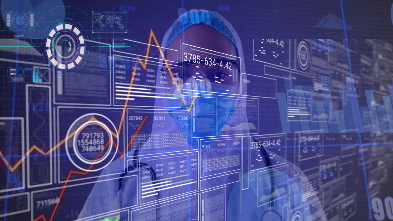 Analyzing digital data and graphs, person in protective gear in school setting