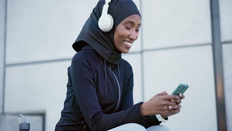Muslim,-woman-and-listening-to-music-with-phone